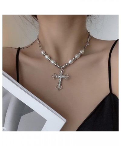 Punk Cross Choker Necklace Sparkling Gothic Diamond Cross Necklace Stitched Pearl Clavicle Chain Punk Choker Silver Pearl Bea...