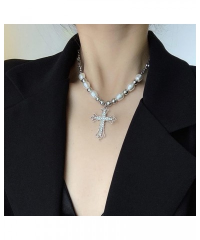 Punk Cross Choker Necklace Sparkling Gothic Diamond Cross Necklace Stitched Pearl Clavicle Chain Punk Choker Silver Pearl Bea...