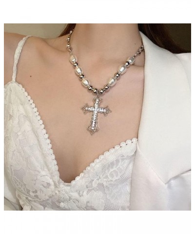 Punk Cross Choker Necklace Sparkling Gothic Diamond Cross Necklace Stitched Pearl Clavicle Chain Punk Choker Silver Pearl Bea...