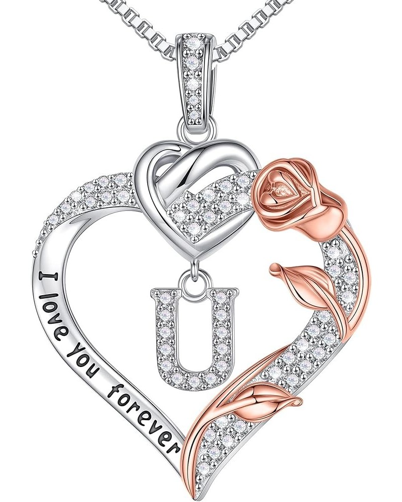 Rose Heart Necklaces Gifts for Women - S925 Sterling Silver Rose Forever Love Heart Initial Letter Pendant Necklace Jewelry M...