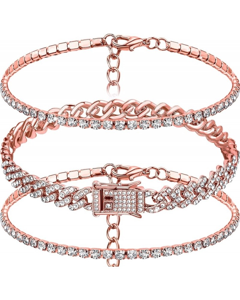 3 Pcs Anklets Bracelet for Women Adjustable Diamond Tennis Anklets for Girl Valentine's Day Wedding Rose Gold 10 Inch $10.07 ...