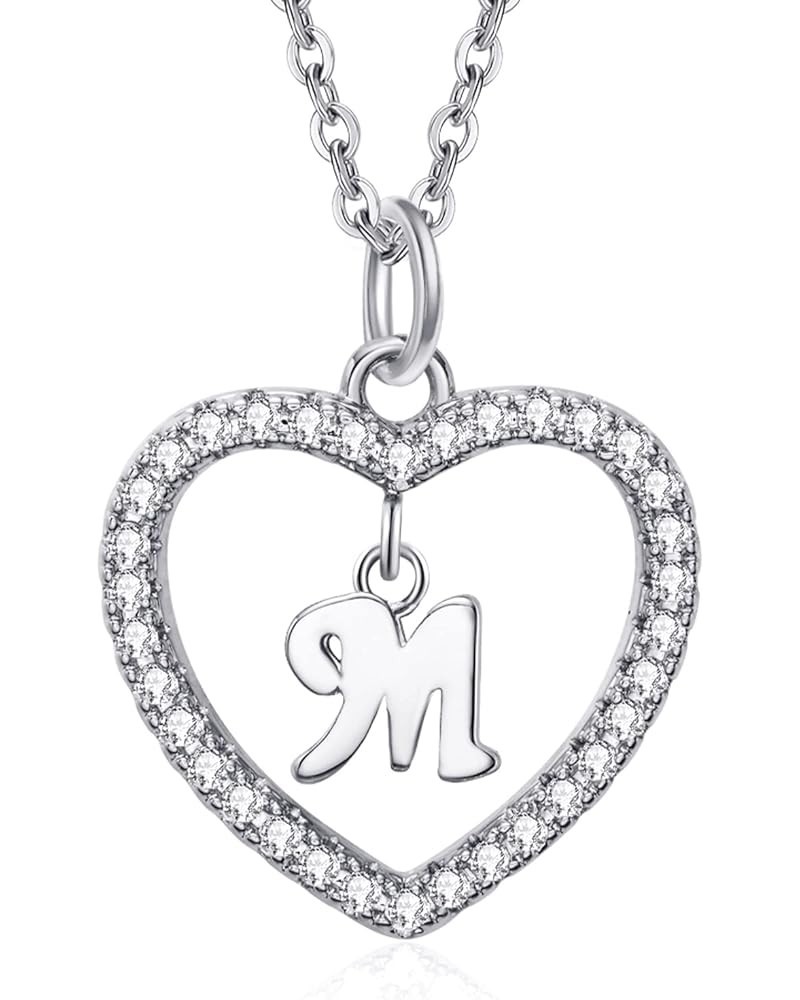 Initial Heart Necklace for Women CZ Heart Letter A-Z Name Alphabet Pendant Necklace Valentine's Day gift Sliver Plated M $9.3...