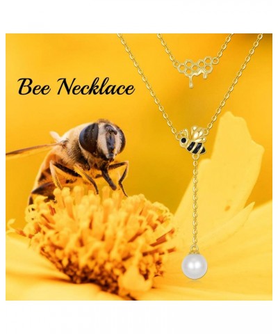 Real Gold Bee Necklace for Women,14K Yellow Gold Honeycomb Honey Pendant Pearl Y-Necklaces Birthday Christmas Gift for Her,16...