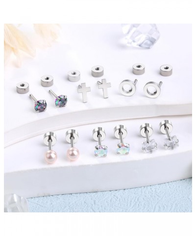 Surgical Stainless Steel Hypoallergenic Flat Back Stud Earrings for Women Men CZ Earrings Piercing Ear Cartilage Silver Tone ...