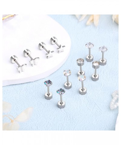 Surgical Stainless Steel Hypoallergenic Flat Back Stud Earrings for Women Men CZ Earrings Piercing Ear Cartilage Silver Tone ...