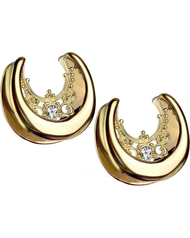 Gold Tone Floral Filigree Crystal Center Saddle Spreader Ear Gauges in 316L Stainless Steel, Sold as A Pair 19mm (3/4") $12.0...