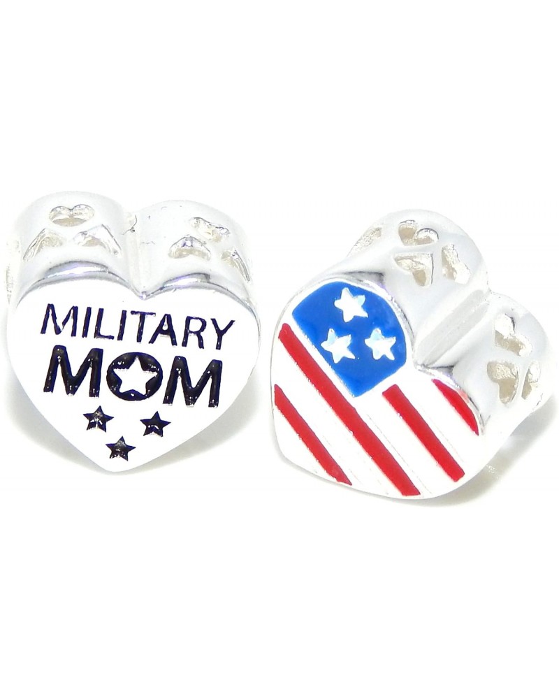 925 Sterling Silver Military Mom American Flag Heart Charm Bead $8.80 Bracelets