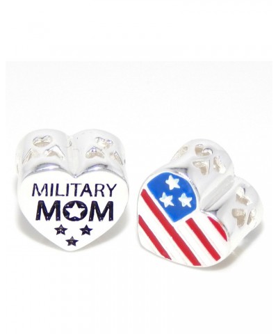 925 Sterling Silver Military Mom American Flag Heart Charm Bead $8.80 Bracelets