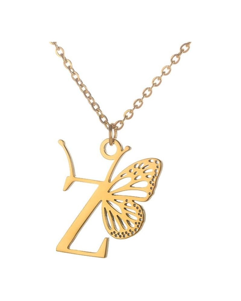 Women's Stainless Steel Butterfly Initial Necklace Alphabet Letter Monogram Statement Pendant Charm with Chain Gold Z $9.15 N...