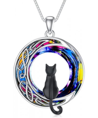 Cat Gifts for Cat Lovers 1/2/3 Cats Necklace Sterling Silver Cat on the Moon Pendant Necklace with Blue Circle Crystal Birthd...