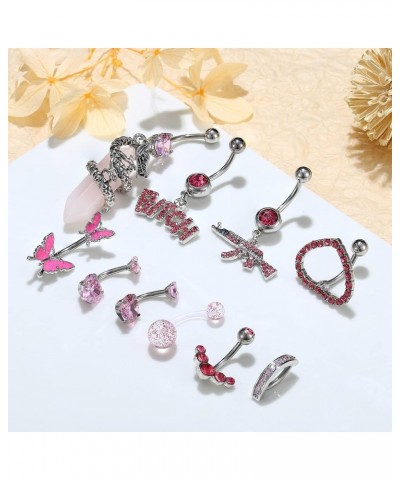 8-10 Pcs 14G Belly Button Rings for Women, 316L Surgical Steel CZ Butterfly Heart Curved Reverse Navel Rings Pink/White/Blue ...