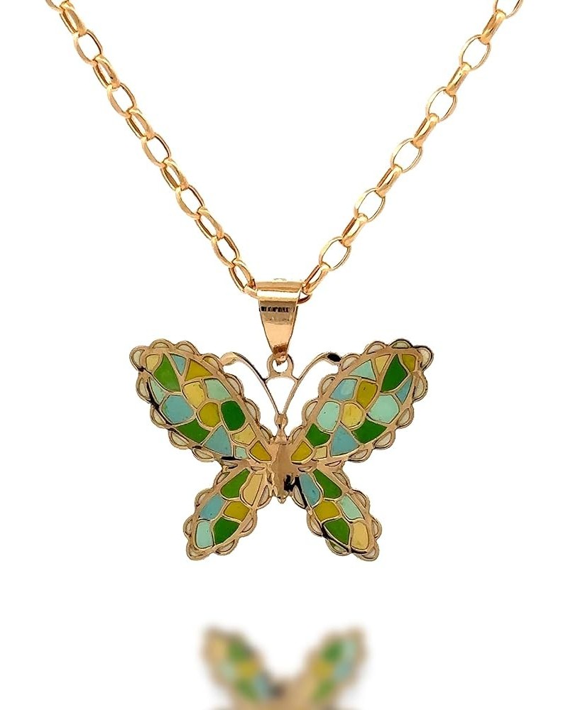 14K Gold Solid Pendant Necklace Butterfly Hand-Painted with Cuban Link or Adjustable Chain (Dainty) - Yellow Gold Jewelry Pre...