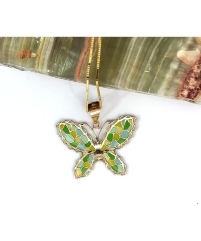 14K Gold Solid Pendant Necklace Butterfly Hand-Painted with Cuban Link or Adjustable Chain (Dainty) - Yellow Gold Jewelry Pre...