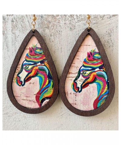 Western Cowgirl Cowboy Wooden Teardrop Dangle Earrings for Women Girls Boho Vintage Turquoise Aztec Pattern Cactus Print Leat...