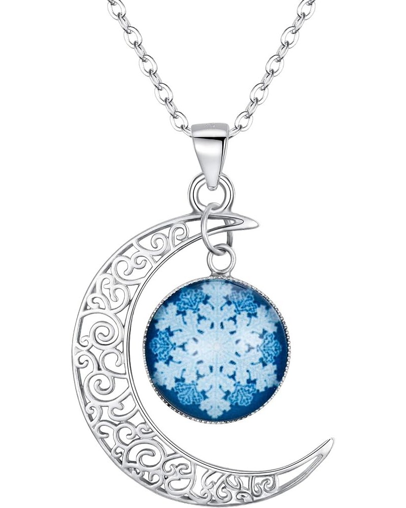 Women's 925 Sterling Silver Crescent Moon Snowflake Christmas Tree Fluorescent Pendants Necklace, rolo chain, 20'', Valentine...