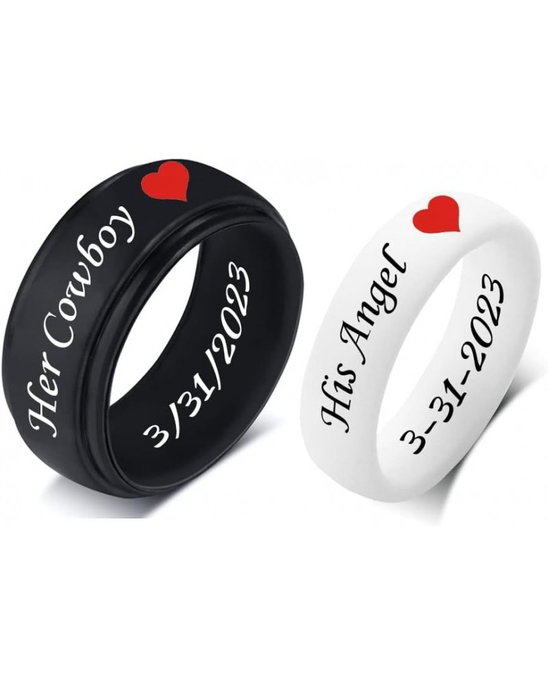 SHNIAN 8MM+6MM Personalized Rubber Matching Silicone Rings Step Edge & Dome with Red Heart Comfortable Engagement Gift His & ...