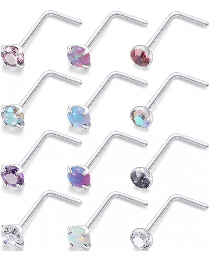 18G 20G 22G Surgical Steel Nose Rings Studs CZ Opal 1.5mm 2mm 2.5mm 3mm for Women Men 12Pcs 18G----L Shaped----Opal/CZ 2.5MM ...