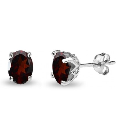 Sterling Silver Genuine or Synthetic Gemstone Oval Crown Stud Birthstone Earrings for Women Girls Garnet $12.60 Earrings