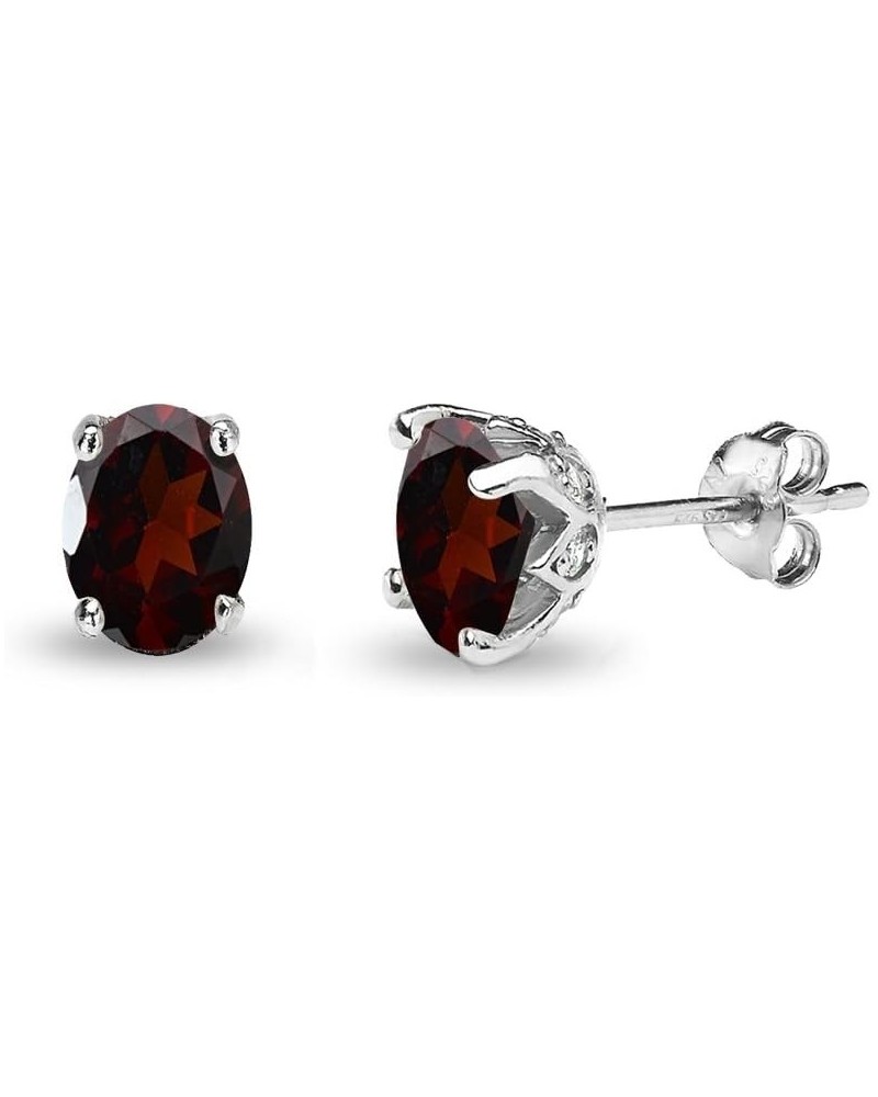 Sterling Silver Genuine or Synthetic Gemstone Oval Crown Stud Birthstone Earrings for Women Girls Garnet $12.60 Earrings