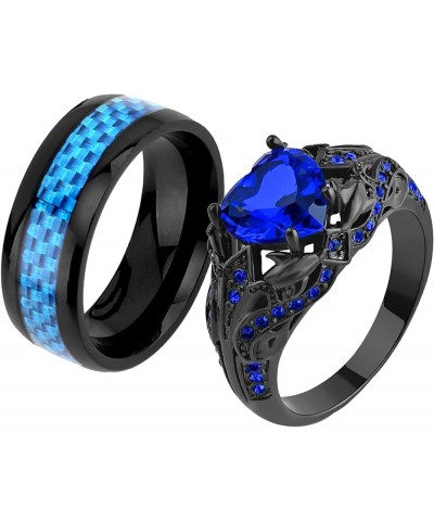 Couple Rings Black Gold Filled Heart Blue Cz Claddagh Ring Womens Wedding Ring Sets Man Tungsten Wedding Band Blue3 women siz...