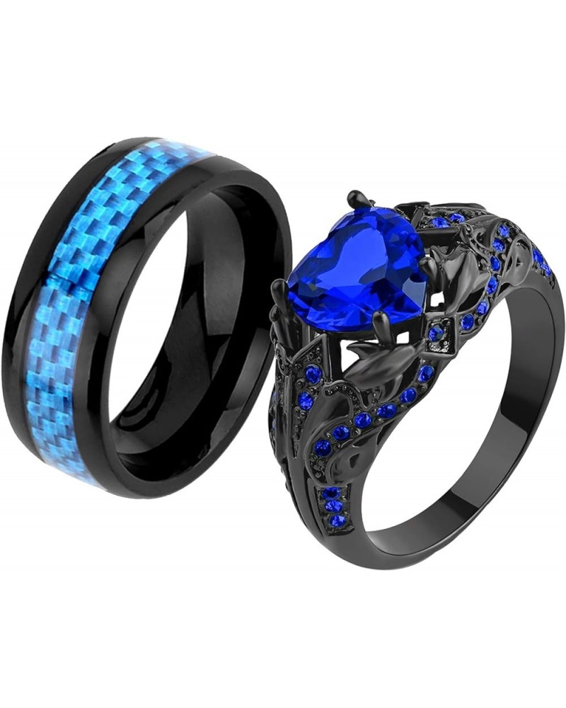 Couple Rings Black Gold Filled Heart Blue Cz Claddagh Ring Womens Wedding Ring Sets Man Tungsten Wedding Band Blue3 women siz...