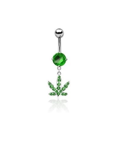 14GA Stainless Steel Green Gemmed Marijuana Pot Leaf Dangling Belly Button Ring $8.76 Body Jewelry