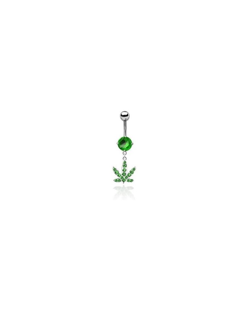 14GA Stainless Steel Green Gemmed Marijuana Pot Leaf Dangling Belly Button Ring $8.76 Body Jewelry