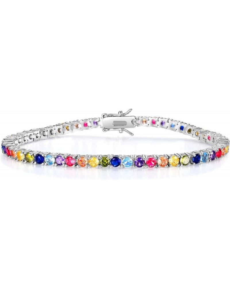 3.0mm Colored Cubic Zirconia Tennis Bracelet for Women, 3mm 18K Yellow Gold Plated Cubic Zirconia Rainbow Tennis Link Bracele...