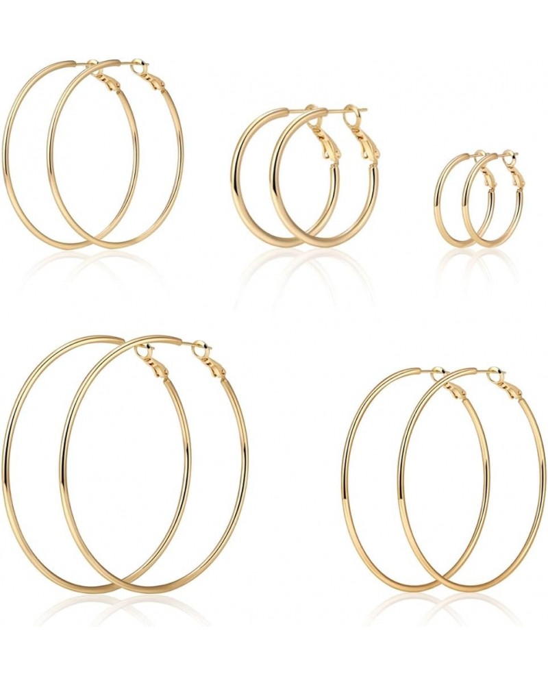 5 Pairs Gold Hoop Earrings Set 14K Gold Plated Huggie Earrings for Women, Girls Gift (30mm 40mm 50mm 60mm 70mm) Glossy Earrin...