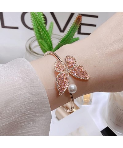 14K Gold Moissanite Butterfly Open Bangle for Women,Adjustable Freshwater Cultured Pearl Charm Bangle Bracelet,Gift for Mom,G...