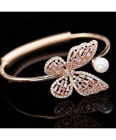 14K Gold Moissanite Butterfly Open Bangle for Women,Adjustable Freshwater Cultured Pearl Charm Bangle Bracelet,Gift for Mom,G...