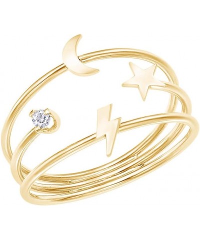 Natural Diamond Accent Dainty Lightning Bolt, Moon & Star Three-Band Ring in 14K Gold Plated 925 Sterling Silver For Women (0...