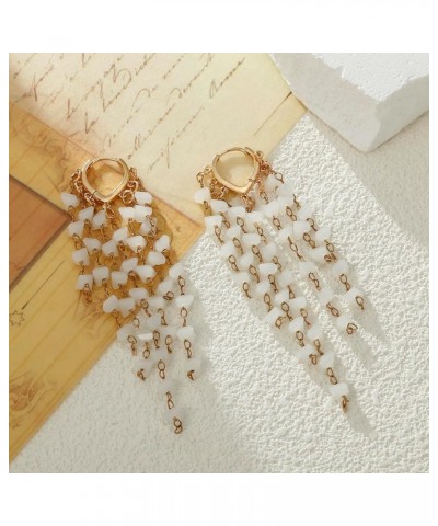 Fringe Hoop Dangle Earrings, Long Beads Tassel Chain Earrings for Women Sparkly Chandelier Earrings White $7.79 Earrings