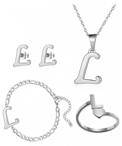 4 Pack Stainless Steel Initial Jewelry Sets for Women Silver Rings Bracelet Earrings Pendant Necklace Uppercase Choker Chain ...