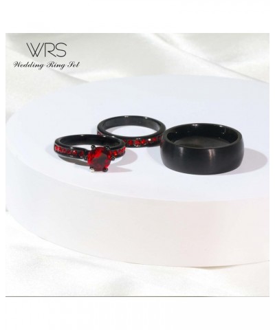 Two Rings His Hers Wedding Ring Sets Couples Matching Rings Women's 2pc Black Gold Filled Red CZ Wedding Engagement Ring Brid...