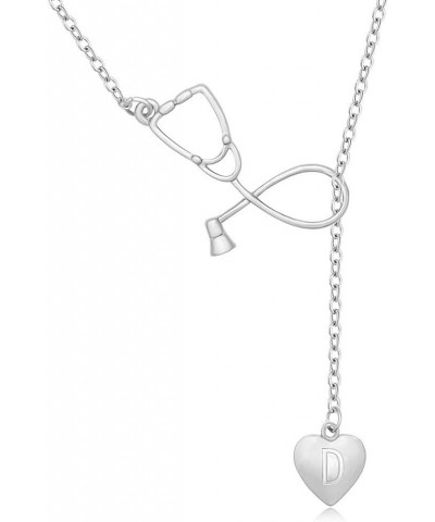 Silver Stethoscope Lariat necklace Heart Charm Initial Letter Stethoscope for Doctor Nurse D $10.13 Necklaces