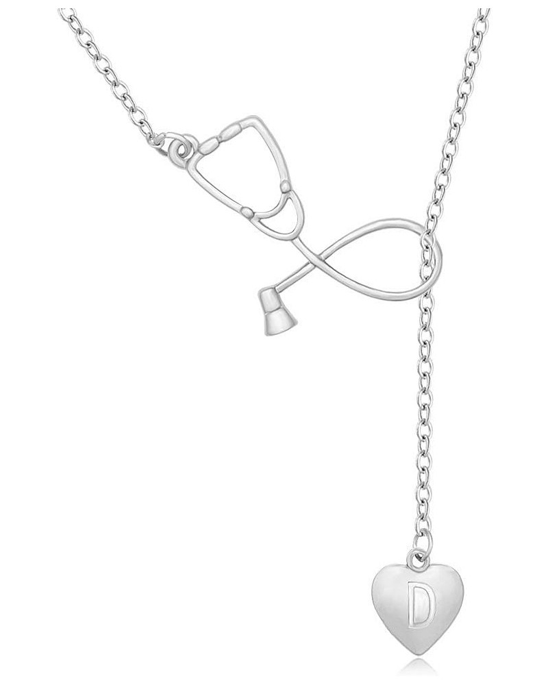 Silver Stethoscope Lariat necklace Heart Charm Initial Letter Stethoscope for Doctor Nurse D $10.13 Necklaces