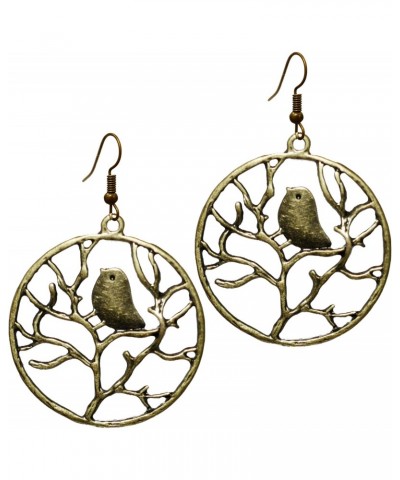 Gold Tone Vintage - Surreal Forest Bird and Branch Unique Tree Leaf Earrings, Bronze Tone Statement Fishhook Steampunk Dangle...