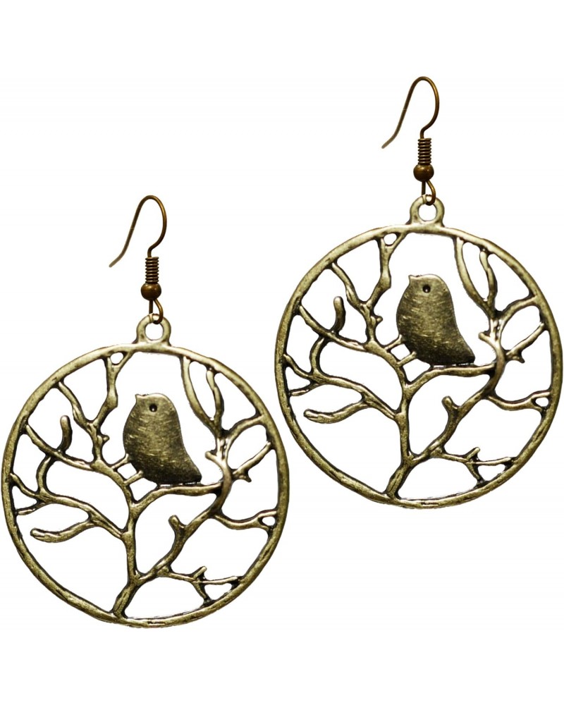 Gold Tone Vintage - Surreal Forest Bird and Branch Unique Tree Leaf Earrings, Bronze Tone Statement Fishhook Steampunk Dangle...