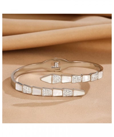 Snake Design Cuff Bracelet Mother of Pearl Gemstone CZ Inlay Bangle Bracelet for Women Girls silvery $13.63 Bracelets