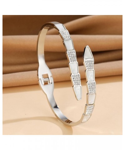 Snake Design Cuff Bracelet Mother of Pearl Gemstone CZ Inlay Bangle Bracelet for Women Girls silvery $13.63 Bracelets