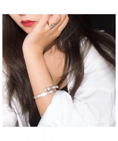 Snake Design Cuff Bracelet Mother of Pearl Gemstone CZ Inlay Bangle Bracelet for Women Girls silvery $13.63 Bracelets