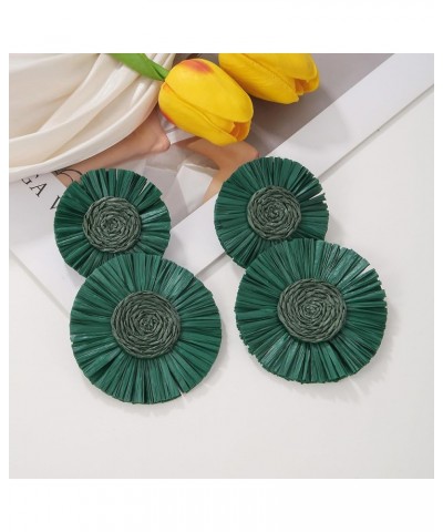 Statement Round Earrings Raffia Palm Bohemian Drop Dangle Earrings for women Deep Green $9.68 Earrings