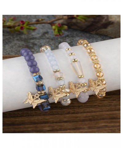 4Pcs Set Bohemian Butterfly Crystal Stone Stretch Pendant Bracelets for Women Girls Gold Beaded Stackable Stretch Bracelet Co...