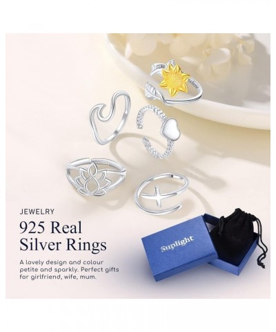 925 Sterling Silver Wave Ring/Sideways Cross/Teardrop/Heart Shaped/Sunflower Adjustable Open Ring (with Gift Box) h. lotus ri...