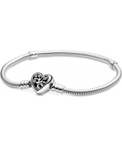 Moments Family Tree Heart Clasp Snake Chain Bracelet - Compatible Moments Charms - Sterling Silver, Cubic Zirconia & Black En...