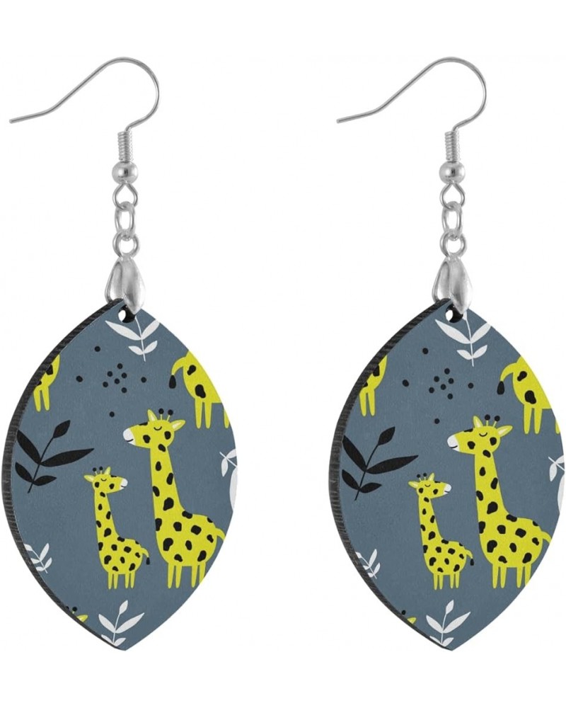 Giraffe Animal Leaves Pattern Print Earrings for Women Teen Girls Wooden Earrings Silver Hooks Dangle Teardrop Lightweight Wo...