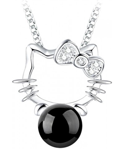 Kitty Pendant Necklace, Silver Plated Agate/Crystal/Pearl Link Chain Gift for Women Girls Trendy Black Agate $8.54 Necklaces