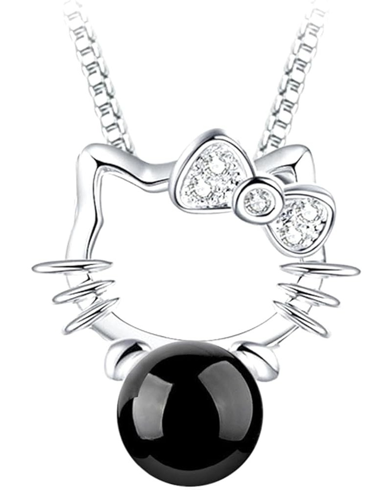 Kitty Pendant Necklace, Silver Plated Agate/Crystal/Pearl Link Chain Gift for Women Girls Trendy Black Agate $8.54 Necklaces