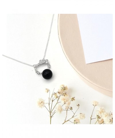 Kitty Pendant Necklace, Silver Plated Agate/Crystal/Pearl Link Chain Gift for Women Girls Trendy Black Agate $8.54 Necklaces